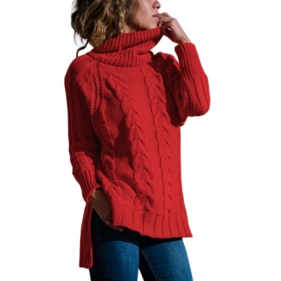 Red Turtle Neck Long Tail Cable Sweater